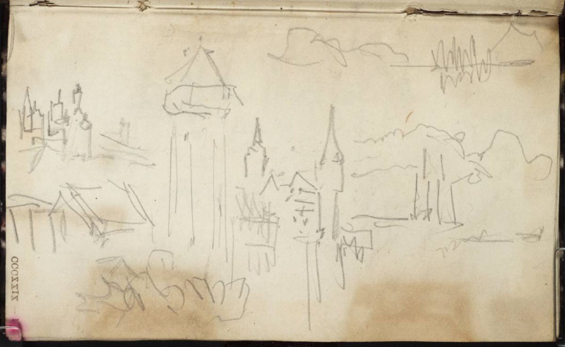 J.M.W.Turner Lucerne: the Wasserthurm and Kapellbrucke from the Bahnhofquai on the left bank of the river Reuss, with the Clock tower of the Rathaus to the left, the towers of the walls beyond, and the tower of St Peter's Church (centre), Haus Zur Gilgen and Tour Baghard (right of centre) and the twin towers of the Hofkirche in the right distance, continued to the right in a separate register, above right, ?1844 Tate Britain, Turner Bequest, Between Lucerne and Thun sketchbook, TB CCCXXIX 01r (D.33132). From a similar viewpoint to the sketch in the Lake Zug and Goldau sketchbook (above), but from slightly further to the right. Photo courtesy Tate. To see the sketch in the Tate's own online catalogue, click on the following link, and use your browser's 'back' button to return to this page: http://www.tate.org.uk/art/artworks/turner-at-lucerne-d33132 