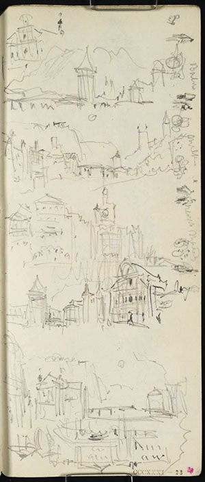 J.M.W.Turner Several sketches at Lucerne, 1842 1) The Wasserturm and Kapellbrucke, Lucerne, from the Reussbrucke, with the Rigi behind and the Jesuitenkirche to the right with an additional detail of the Jesuitenkirche above left. The same material sketched from the quay, further right, in (3-4) below. 2) Looking down the Reuss from the Reussbrucke, Lucerne, with the Spreuerbrucke in the mid-distance, the Gutschwald above left and the towers of the Musegg wall descending to the river from the right. With the sun setting directly down the line of the river. The same material sketched from a viewpoint slightly further left, and perhaps closer, at the bottom of the page (5) 3) Looking up the Reuss, from the Reussbrucke, with the Clock Tower, and continued to the right below in 4) to include the Wasserturm and Jesuitenkirche. Similar material to that sketched in (1) above, but from a viewpoint on the quay rather than on the bridge, and adopting a more panoramic treatment. 5) Looking down the Reuss to the Spreuerbrucke and Nollig Tower, with the Gutschwald in the distance left, and the sun setting down the line of the river. Similar material to that sketched in (2) above, but probably from a closer viewpoint on the left bank. 6) (upside down) Buildings alongside the Reuss, Lucerne, probably the continuation of (5) to the right 7) (down the outside edge of the page) Various figures at a market - from left to right,  a figure with a cart selling 'Butter', another two figures with a cart selling 'Milk', another cart and then two figures 'House Maids' and finally another cart and figure.  Pencil on white wove paper, 165 x 74 mm A page from the Lake of Zug and Goldau sketchbook, Tate Britain, TB CCCXXXI 28r; D33460 (hitherto called ‘At Lucerne’) Photo courtesy of Tate Britain To see this sketch on the Tate’s online catalogue of the Turner bequest click on the link below, then press your browser’s ‘back’ button to return to this page http://www.tate.org.uk/search/D33460 