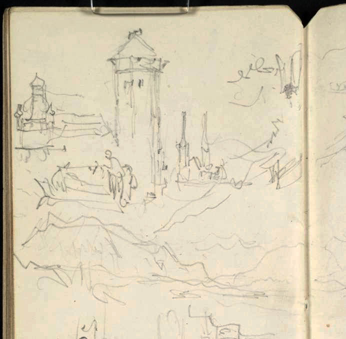 J.M.W.Turner  Several sketches at or near Lucerne (detail of top part pf page), 1842  Several sketches at Lucerne:  1) The Wasserturm from the Bahnhofstrasse, looking to the twin spires of the Hofkirche. A similar view to that recorded in the Between Lucerne and Berne sketchbook TB CCCXXIX 01r, but from a viewpoint slightly further left to bring the Wasserturm and Hofkirche into direct juxtaposition. Continued to the right immediately below in  2) to take in the Rigi and the view of the lake.  Pencil on white wove paper, 165 x 74 mm  A page from the Lake of Zug and Goldau sketchbook, Tate Britain, TB CCCXXXI 28v; D33461 (hitherto called ‘Mountains, Towers, Etc’)  Photo courtesy of Tate Britain  To see this sketch on the Tate’s online catalogue of the Turner bequest click on the link below, then press your browser’s ‘back’ button to return to this page  http://www.tate.org.uk/art/artworks/turner-mountains-towers-etc-d33461 