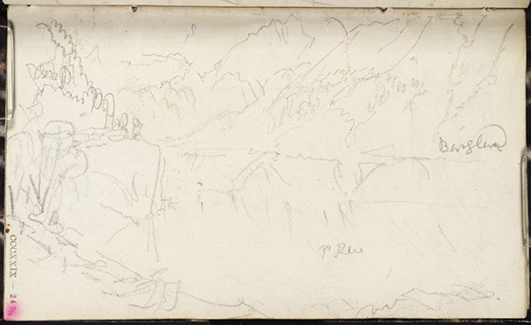 J.M.W.Turner The Lungernsee from its northern end, looking towards the Brunig Pass, with the high peaks of the Bernese Oberland just visible in the distance, 1844 From the Between Lucerne and Thun sketchbook, Tate Britain, Turner Bequest TB CCCXXIX 24, Tate D33178, Pencil on paper 82 x 138 mm Photo courtesy Tate 