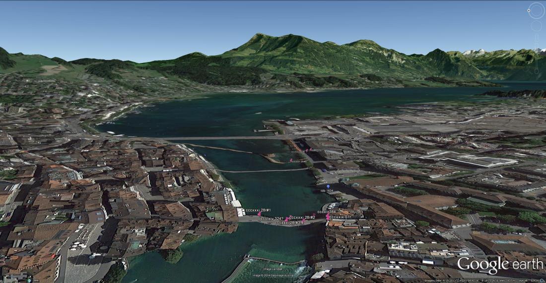 Google Earth aerial view of Lucerne looking east, marking the viewpoints of Turner’s sketches around the Reussbrucke with Lake Lucerne and the Rigi in the background. Click on image to enlarge