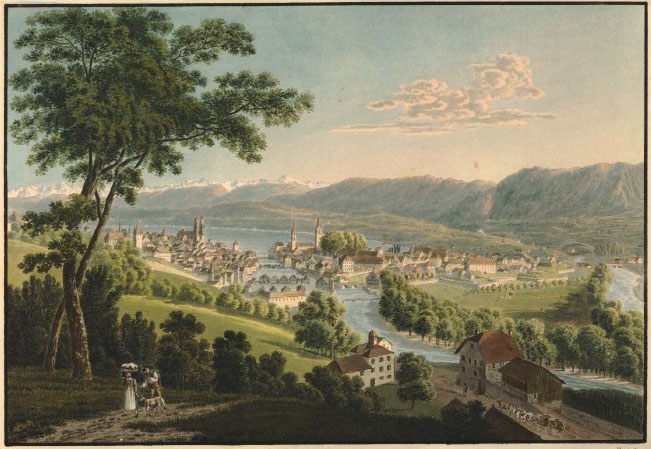 Heinrich Maurer (1774-1822), engraved by Franz Hegi Zurich from the North, early C19 Hand-coloured etching 207 x 279 mm (sheet size) British Museum, London, Lloyd Bequest 1958,0712.1384 Photo courtesy British Museum To view the watercolour on the British Museum’s own website click on the following link, and the click on your browser’s ‘back’ button to return to this page: http://www.britishmuseum.org/research/collection_online/collection_object_details.aspx?objectId=3274590&partId=1&searchText=zurich&images=true&page=1 The British Museum catalogue does not fully identify Heinrich Maurer, but establishing his dates means that the image must date from before 1822. Note the two rows of mills across the river in the middle distance. Turner’s viewpoint is at the right end of the furthest row.