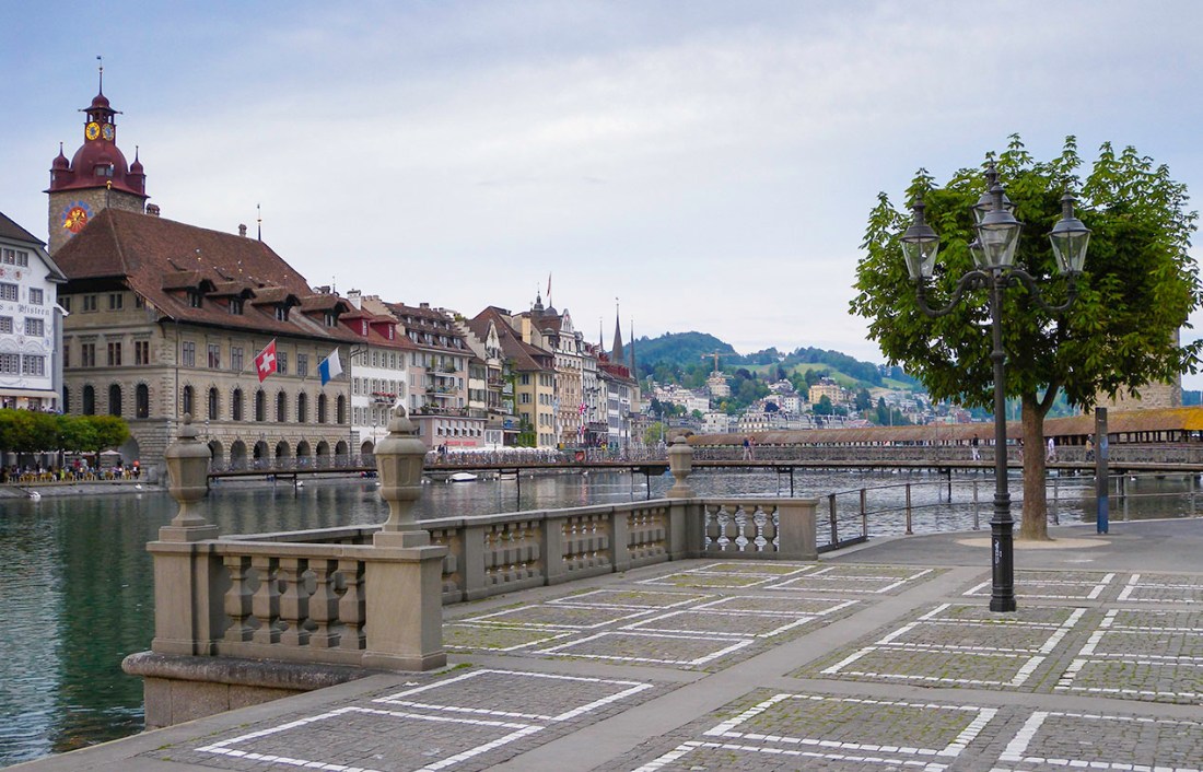Lucerne from Outside the Jesuit Church Photograph by David Hill, 26 May 2014, 20.13 The Hofkirche is directly behind the Tour Baghard. A little further to the left, and it would be exactly as shown in Turner's watercolour. Click on the image to enlarge.