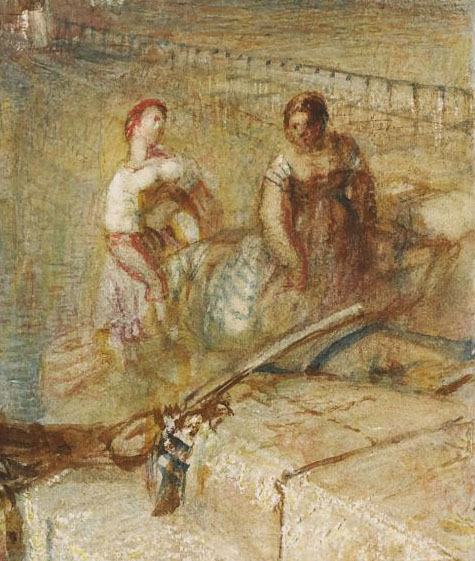 J.M.W.Turner Lucerne by Moonlight, c.1844? (detail, right side) No-one seems ever to have given any consideration to this detail. Two women are carrying another between them, who is certainly incapacitated, and perhaps even dead (?). What could be the meaning of all this?? 