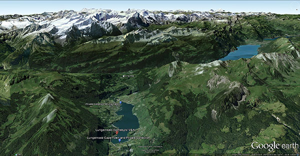Google Earth aerial view of Lungernsee, looking south-east, marking sites of Turner sketches and watercolours. Snowy peaks of Bernese Oberland in diastance, and Lake of Brienz in mid-distance to right.