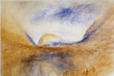 J.M.W.Turner The Lungernsee, going up to the Brunig Pass, looking north-north-east. Called 'Lake with hills (?Brienz)', c.1848 Watercolour, 353 x 527 mm, 14 x 20 3/4 ins London, Victoria and Albert Museum (124-1894) Photo courtesy of V&A 