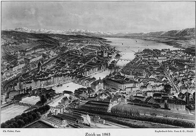 Michel Charles Ficot (1817-1903), after Zurich, 1863 Lithograph Courtesy of Wikimedia Commons. The watermills of Zurich are here approaching their peak before the introduction of electricity began to make them redundant. Turner’s viewpoint would be at the near end of the central row, looking to the right towards the Rathausbrucke.