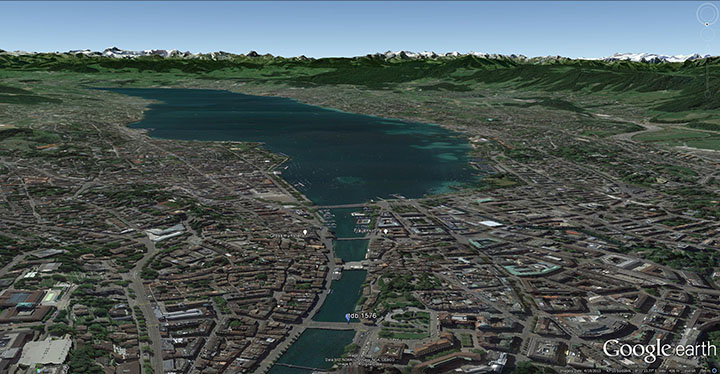 Google Earth aerial view of Zurich, looking south along the river Limmat to the Lake of Zurich, marking the viewpoint of Turner’s Zurich by Moonlight, and the positions of the Grossmunster and Fraumunster.