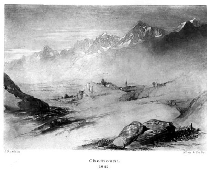 John Ruskin, The Aiguilles of Mont Blanc from below Les Houches, 1842 Untraced watercolour, reproduced from Cook and Wedderburn (eds) The Works of John Ruskin, 1903-12, volume 35, pl.20