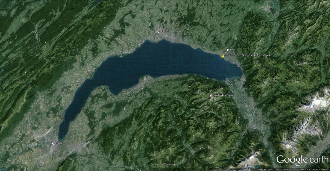 Google Earth image showing Lac Leman area, including Ruskin's viewpoint at Vevey