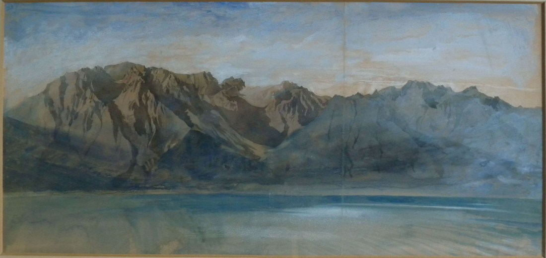 John Ruskin The Dent d'Oche range on the south side of Lac Leman from Vevey, Switzerland, 1846? Pencil and watercolour, 9 3/4 x 21 ins, 252 x 530 mm (sight) King’s College, Cambridge Photograph: David Hill, by courtesy of the master of King’s College Cambridge (Double-click to enlarge; use back button to return to this page)