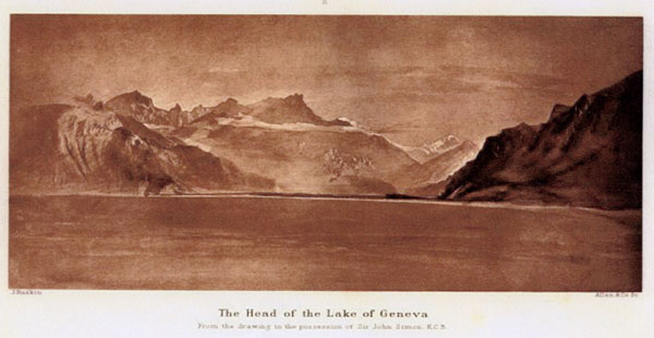 John Ruskin The Head of Lac Leman from off Vevey, 1846 Watercolour, 8 x 18 ½ ins Untraced Reproduced here from The Library Edition of the Works of John Ruskin, 1903-13, Volume 5, plate E. Effectively continuing the field of view of the King’s drawing to the left. This must have been taken from a boat in the middle of the lake, since the Dents du Midi are hidden behind the hills to the right. Ruskin was a strong rower, and took to the water at every opportunity. 