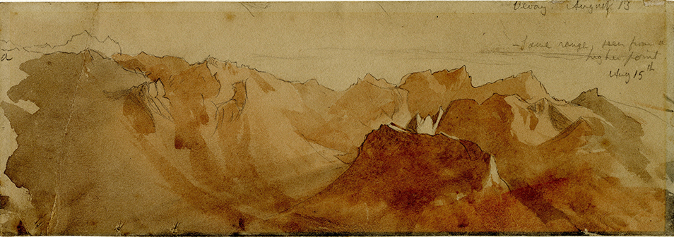 John Ruskin The Dent d'Oche range on the south side of Lac Leman from Les Pleiades above Vevey, 15 August 1846 Pencil and watercolour, 3 1/4 x 9 1/2 ins, 82 x 241 mm Ruskin Library, University of Lancaster (RF1081) Photo courtesy of the Ruskin Library, University of Lancaster 