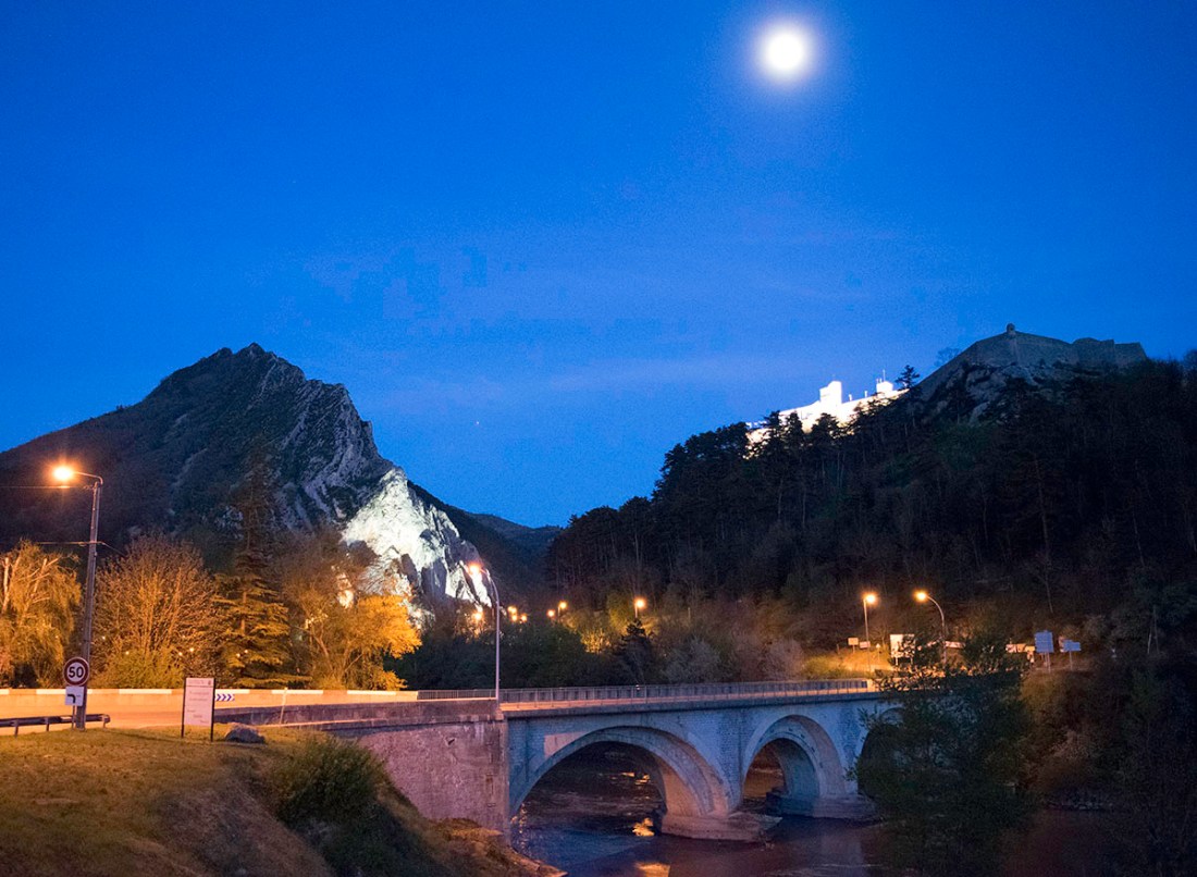 Sisteron; the Pont du Buech by Moonlight Photograph by David Hill, 12 April 2014, 20.53.04 Click to enlarge and then use 'back' button to return to this page 
