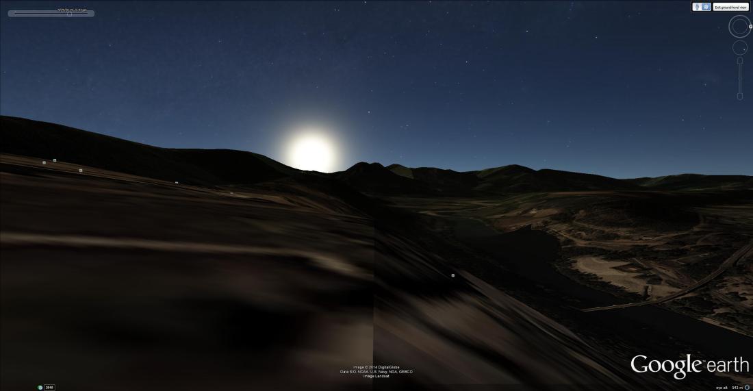 'Google Earth' visualisation of sunset from the citadel at Sisteron. The time slider is set to 29 September, and the sun is setting in the dip to the left of the Montagne de l'Ubac. Click to enlarge and 'back' to return to this page.