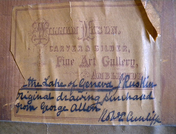 Backboard with label of William Mason, Carver and Gilder of Ambleside, and Robert Cunliffe’s inscription Photograph: David Hill, courtesy of the Master of King’s College, Cambridge. 