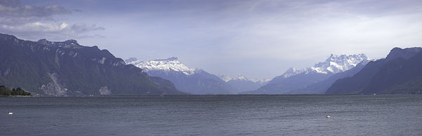 The head of Lac Leman from Vevey. Photograph: David Hill, April 2011. Showing how prominent are the Dents du Midi from the promenade at Vevey. 
