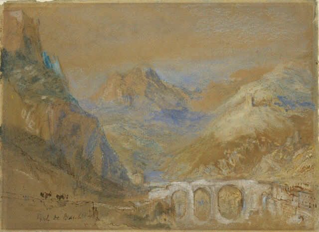 J.M.W.Turner Sisteron: The Pont du Buech from La Baume, 1838? Pencil, watercolour, bodycolour and chalk with pen and brown ink on buff paper, 5 1/2 x 7 9/16 ins,  140 x 193 mm The Museum of Rhode Island School of Design, USA (69.154.53)  Photograph courtesy of Rhode Island School of Design