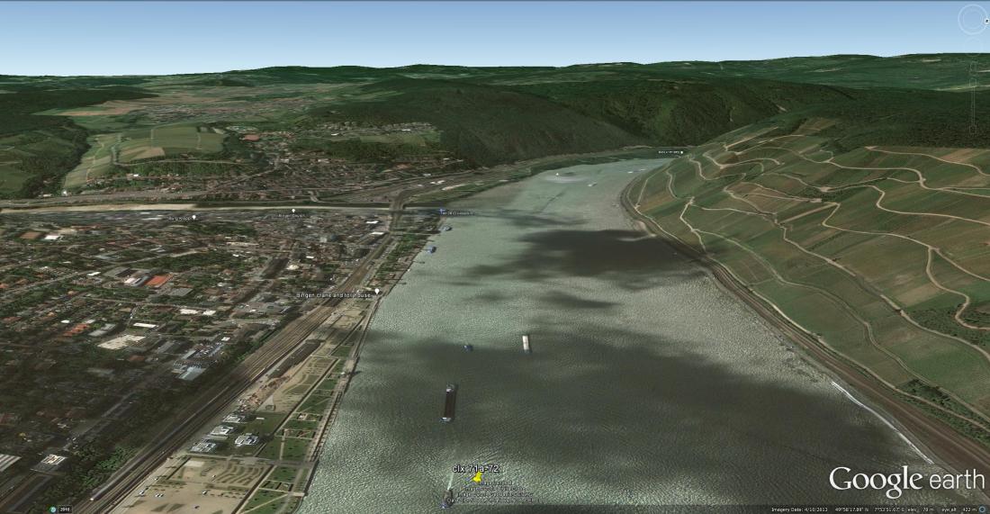 Google Earth aerial view of the Rhine at Bingen. With placemarks indicating the viewpoint of Turner’s sketch n yellow, and of the watercolour in blue. Click on image to open full size. 