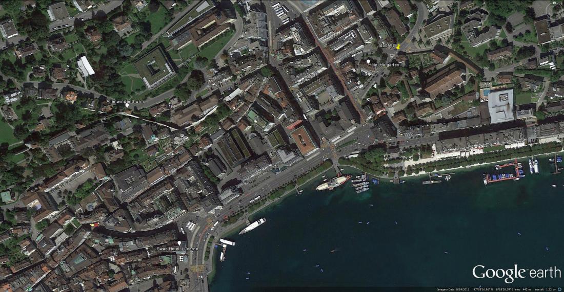 Google Earth aerial view. Looking west over the Hotel Hofgarten, with a placemark indicating Ruskin’s exact viewpoint. 