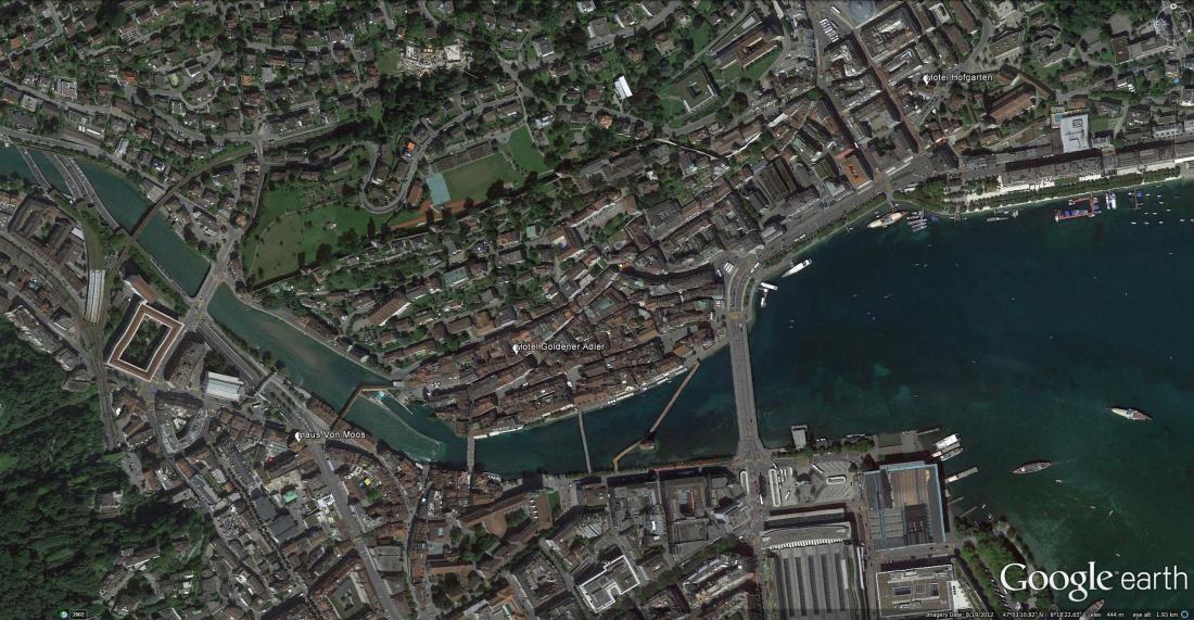 Google Earth aerial view of Lucerne White placemarks indicate the sites of Ruskin’s subjects. Click on image to englarge 