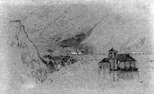 John Ruskin Bellinzona: the Church of San Giovanni, from Daro, 1858. Pen and ink and wash, 5 1/2 x 8 1/2 ins, 135 x 220 mm. Pprivate Collection, sold Christie's 8 June 1999 no.172 Image from Christie's website: follow link for full Christie's catalogue:http://www.christies.com/lotfinder/lot_details.aspx?intObjectID=1472395