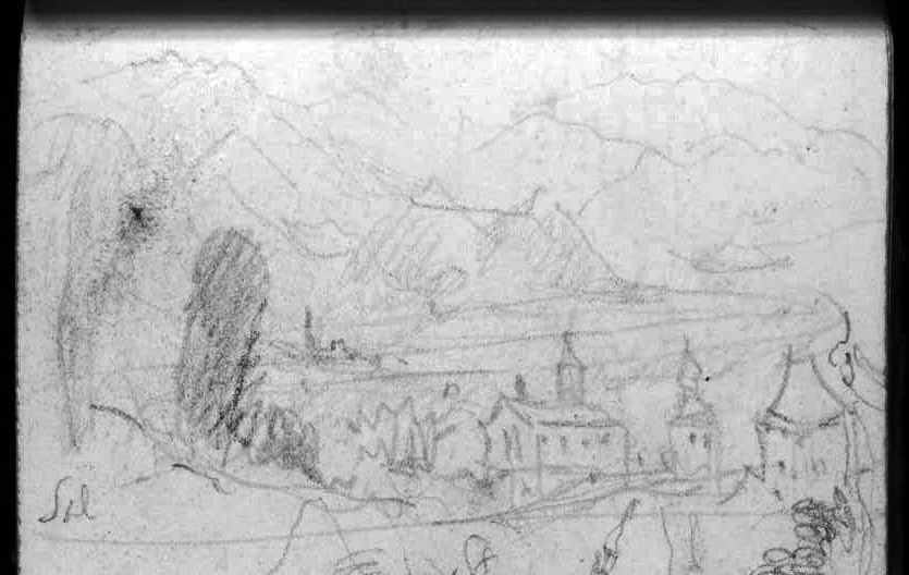 J.M.W.Turner Two Sketches: Looking Down the Val d'Aosta to Courmayeur and Dolonne, and The Aiguille de Varan and Mont Blanc from Above Sallanches (detail of the sketch of Sallanches), 1836 Pencil on paper, page width 113 mm From the Val d’Aosta sketchbook, Tate Britain, London, TB CCXCIII 37 detail With the Tour de la Frasse and the Tour de Disonche framing the Church of St Jacques. Turner incorporates two different viewpoints in the one sketch, so as to more tellingly integrate the buildings with the mountains. At this time the church tower had an onion spire on its turret. This was the casualty of a fire in 1840. Image courtesy of Tate; to see the original image in the online catalogue of the Turner Bequest click on the following link, then press your browser’s ‘back’ button to return to this page: http://www.tate.org.uk/art/research-publications/jmw-turner/joseph-mallord-william-turner-two-sketches-looking-down-the-val-daosta-to-courmayeur-and-r1167993 