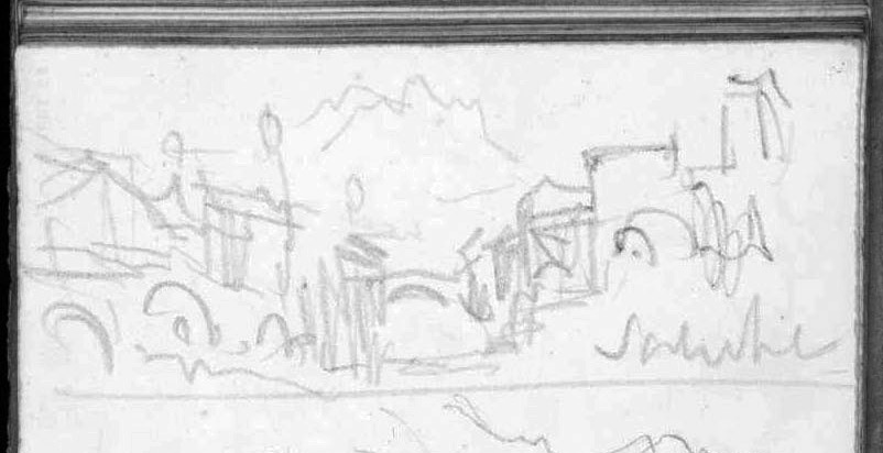 J.M.W.Turner Two Sketches: Sallanches in the Arve Valley; Avise in the Val d'Aosta (detail), 1836 Pencil on paper, page width 113 mm From the Val d’Aosta sketchbook, Tate Britain, London, TB CCXCIII 38a detail From Sallanches, looking down the torrent de Sallanches to the Aiguille de Varan Image courtesy of Tate; to see the original image in the online catalogue of the Turner Bequest click on the following link, then press your browser’s ‘back’ button to return to this page: http://www.tate.org.uk/art/research-publications/jmw-turner/joseph-mallord-william-turner-two-sketches-sallanches-in-the-arve-valley-avise-in-the-val-r1167996 