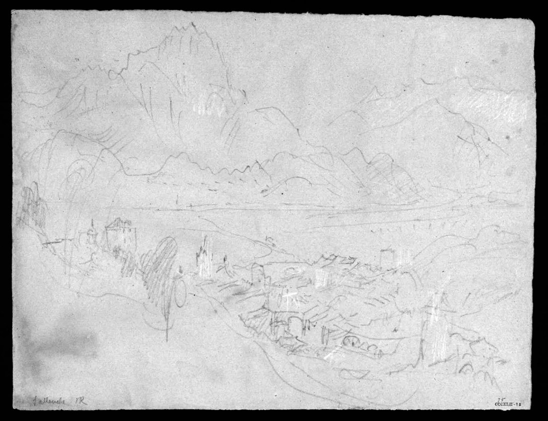 J.M.W.Turner The Arve Valley, with the Aiguille de Varan and Mont Blanc from above Sallanches, 1836 Pencil and scratching-out on grey paper, faded to a pinkish tone, 238 x 312 mm ‘Miscellanous: Black and White’, Tate Britain, London, TB CCCXLII 75 From the northern edge of the valley of the Torrent de Sallanches near the later (1855) Chapel of the Immaculate Conception. Image courtesy of Tate; to see the original image in the online catalogue of the Turner Bequest click on the following link, then press your browser’s ‘back’ button to return to this page: http://www.tate.org.uk/art/artworks/turner-sallenche-d34277 