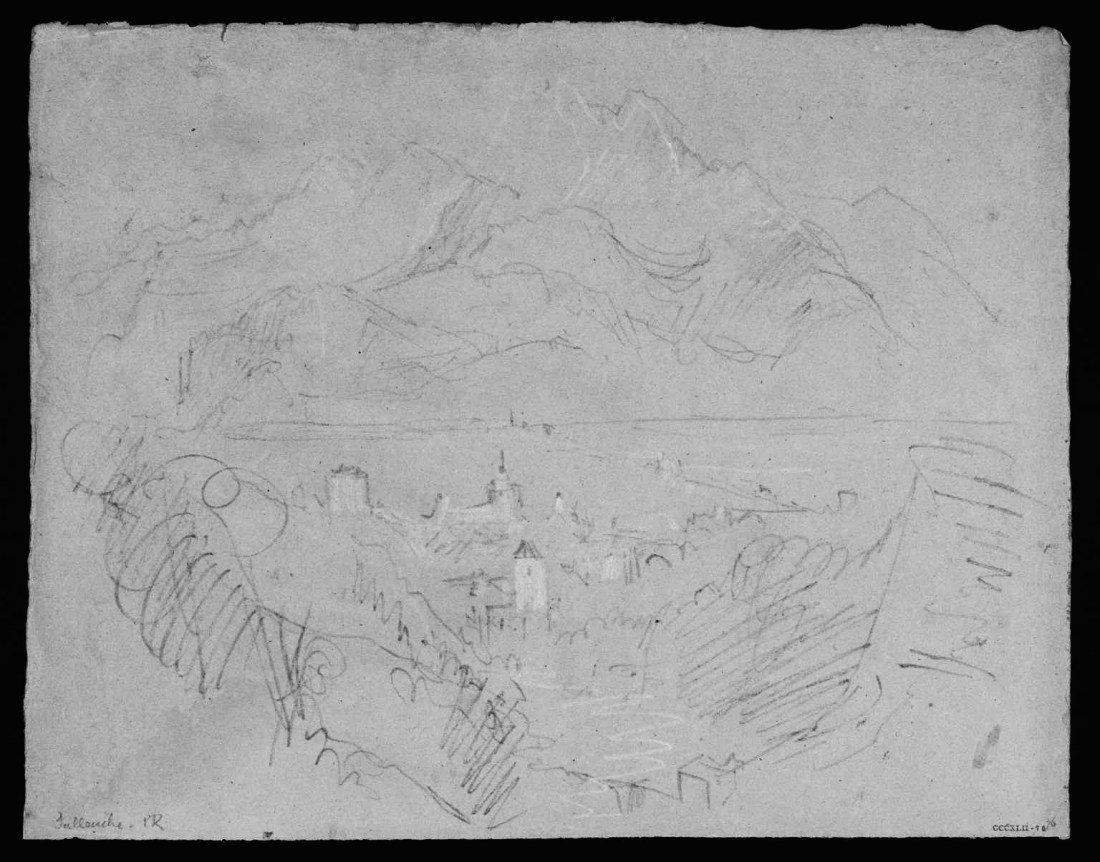 J.M.W.Turner The Arve Valley, with the Aiguille de Varan from above Sallanches, 1836 Pencil and scratching-out on grey paper, faded to a pinkish tone, 238 x 312 mm ‘Miscellanous: Black and White’, Tate Britain, London, TB CCCXLII 76 From the left scarp of the torrent de Sallanches, a little way further up the Route de Lavaud from the Chapel of the Immaculate Conception, so as to bring  the Chateau des Rubins and the Church of St Jacques more in line, and excluding Mont Blanc to the right. The area  today is enclosed by private houses.  Image courtesy of Tate; to see the original image in the online catalogue of the Turner Bequest click on the following link, then press your browser’s ‘back’ button to return to this page: http://www.tate.org.uk/art/artworks/turner-sallenche-d34278 