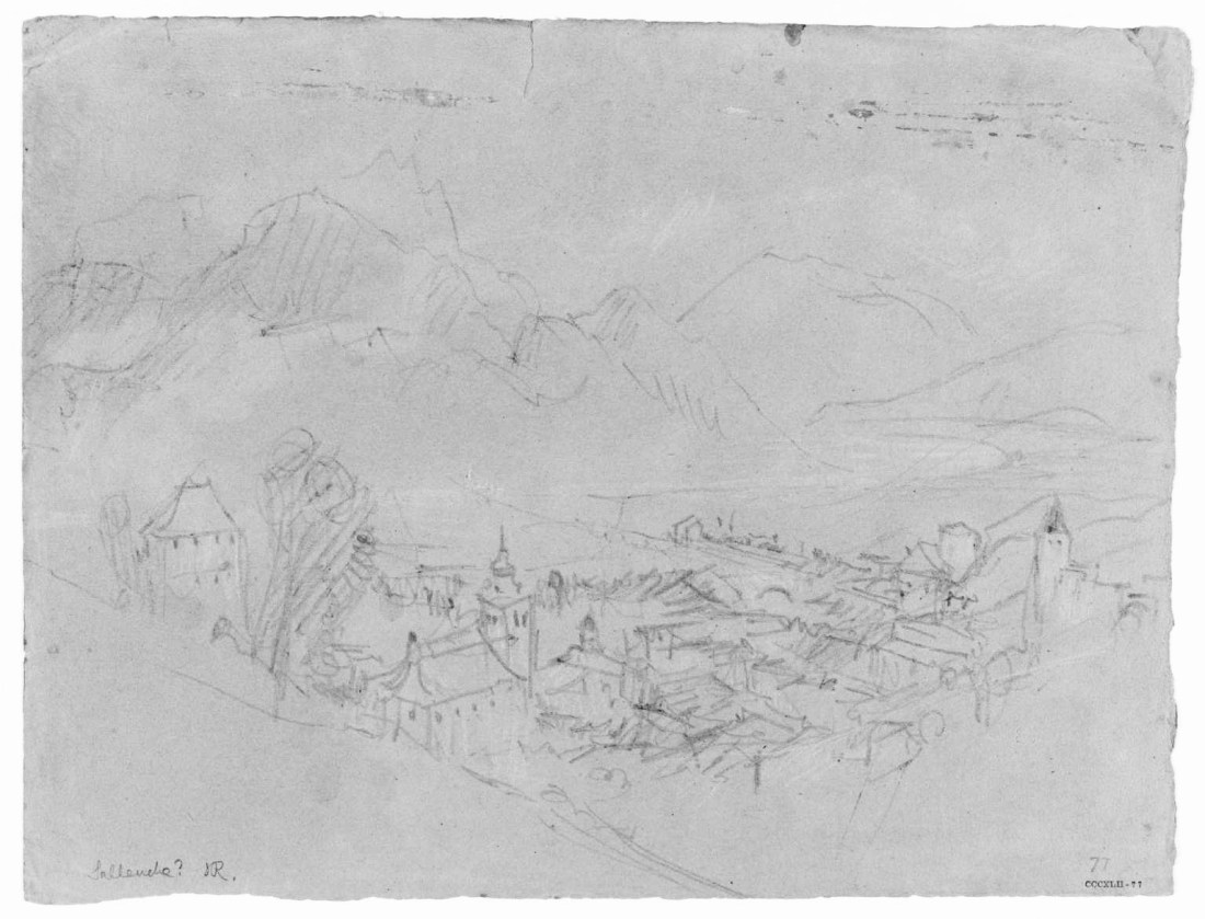 J.M.W.Turner The Arve Valley, with the Aiguille de Varan and Mont Blanc from above Sallanches, 1836 Pencil and scratching-out on grey paper, faded to a reddish tone, 238 x 312 mm ‘Miscellanous: Black and White’, Tate Britain, London, TB CCCXLII 77 From the northern scarp of the torrent de Sallanches at the foot of the Gorges de Levaud. The area is today covered in trees. Image courtesy of Tate; to see the original image in the online catalogue of the Turner Bequest click on the following link, then press your browser’s ‘back’ button to return to this page: http://www.tate.org.uk/art/artworks/turner-sallanches-d34279 