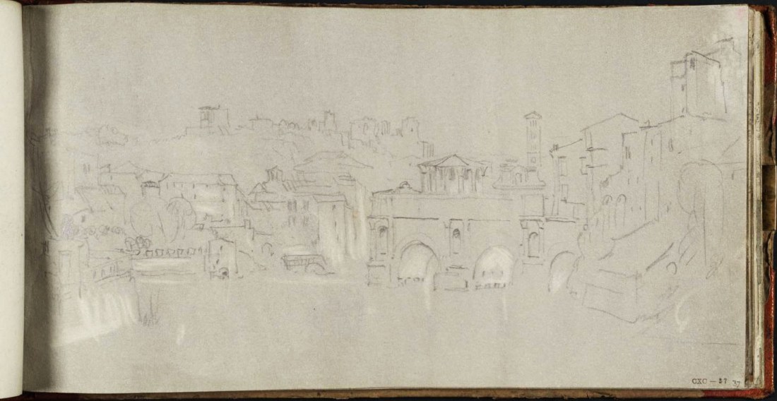 J.M.W.Turner View from the Isola Tiberina, Rome, with the Ponte Rotto and the Palatine Hill, 1819 From the St Peter’s sketchbook, TB CLXXXVIII 56  Page size, 130 x 255 mm Photo courtesy of Tate Click on the image to enlarge To see the image in the Tate’s online catalogue of the Turner Bequest, click on the following link, and press your browser’s ‘back’ button to return to this page: http://www.tate.org.uk/art/artworks/turner-view-from-the-isola-tiberina-rome-with-the-ponte-rotto-and-the-palatine-hill-d16450 