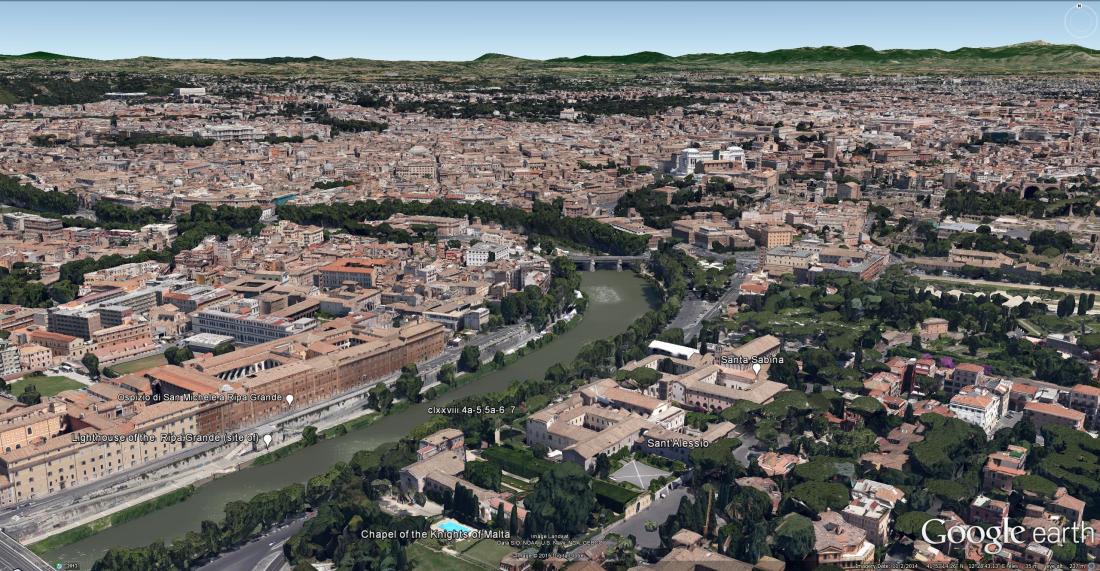 Google Earth detail of Turner’s 1828 viewpoint on the crest of the Aventine. Click on the image to enlarge.