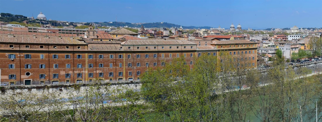The Ospizio di San Michele a Ripa Grande from Sant Alessio on Mount Aventine, Rome Photograph by David Hill taken 13 April 2015, 11.52 GMT. The Ospizio was built to house and provide work for orphans and abandoned children. Started in the late C17 and finished a hundred years later, the industrial-scale Ospizio was the largest charitable foundation in Rome in Turner’s day.  Click on image to enlarge.