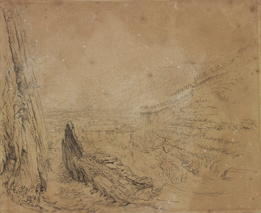 John Ruskin Bellinzona: The Salita della Nocca going up to Montebello Castle, 1858 Pencil on brown wove paper, 8 15/16 in. x 10 7/8 in, 227 x 276 mm Bowdoin College Museum of Art, Brunswick, Maine, USA, Gift of Miss Susan Dwight Bliss 1956.24.264d as ‘Landscape Study (Bellinzona)’ This drawing has long been identified as Bellinzona, but the viewpoint is here precisely identified for the first time. Photograph courtesy of Bowdoin College Museum of Art To view this image in Bowdoin’s own online catalogue, please click on the following link and use your browser’s ‘back’ button to return to this page: http://artmuseum.bowdoin.edu/Obj4228?sid=27317&x=16558