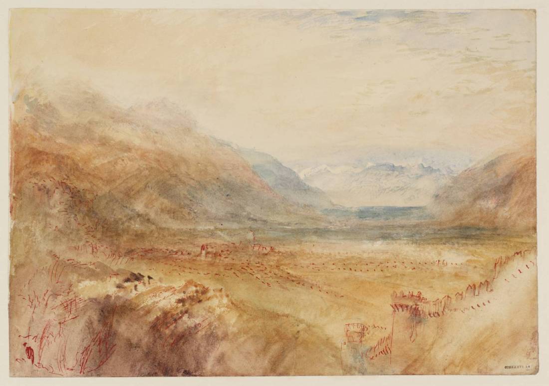 J M W Tuner Bellinzona: Looking South-West from Castello Montebello, 1843? Pencil, pen, and watercolour on paper, 227 x 327 mm Tate Britain, Turner Bequest TB CCCXXXVI 14 (D33592) Shortly before his visit to Bellinzona in 1858, Ruskin spent some considerable time sorting through the tens of thousands of Turner sketches and drawings that were given to the National Gallery. He knew the late Swiss subjects such as this especially well, and in making his way up the Salita della Nocca to Montebello Castle might well have been searching out the exact viewpoint of this sketch. Turner’s viewpoint is near the top of the Salita, some distance higher than Ruskin’s. Photograph courtesy Tate To see this image in the Tate’s own online catalogue click on the following link and use your browser’s ‘back’ button to return to this page: http://www.tate.org.uk/art/artworks/turner-bellinzona-looking-south-west-from-castello-montebello-d33592