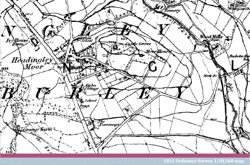 Headingley Moor: Ordnance Survey 1851 These commons were subject to enclosure 1829-34. At the time of the survey none of the buildings shown by Grimshaw were present. Following a series of land auctions in 1851 and 1852, the area became dotted with bourgeois residences and good stone terraces to rent. Click on image to view at full size.