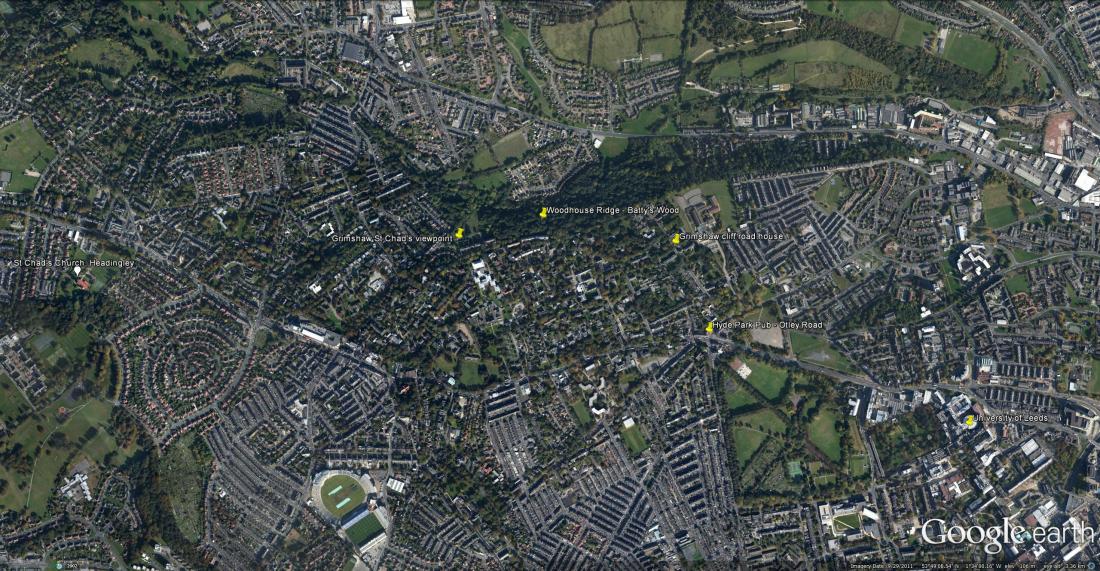 Grimshaw’s Headingley Google Earth Satellite View, marking St Chad’s, Woodhouse Ridge, Grimshaw’s Cliff Road House and the University of Leeds Click on image to at view full size.