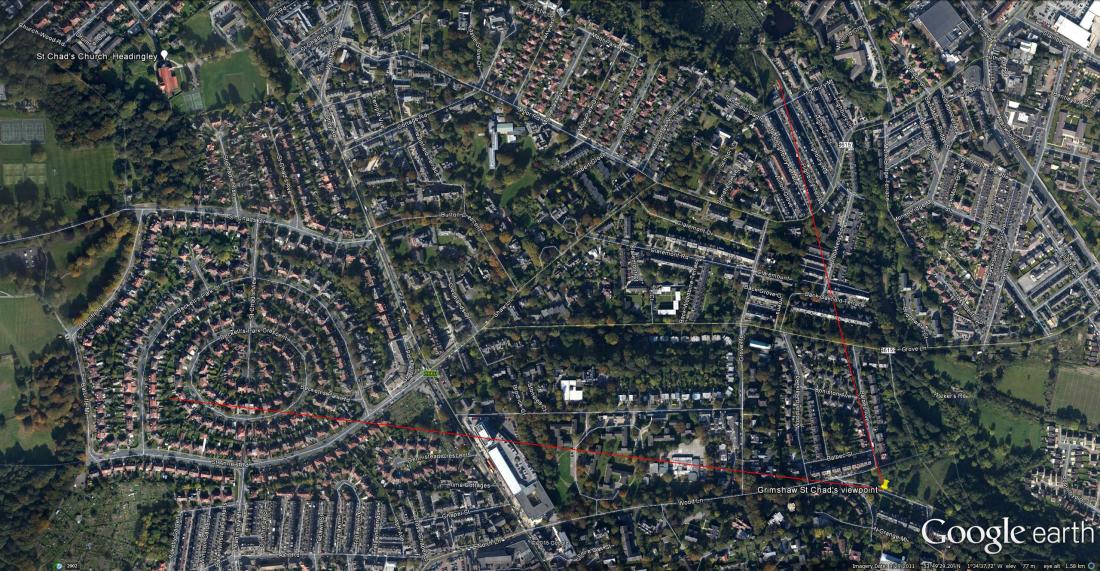 Google Earth Satellite image of Grove Lane area Showing the field of view of Grimshaw’s watercolour. Click on image to view at full size.