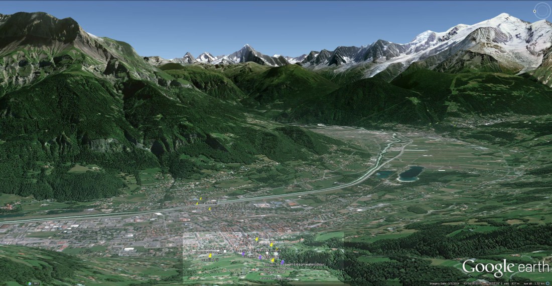 Google Earth image of Sallanches, showing general area of sketches. Aiguille de Varan in background to left, Mont Blanc to right. Click on image to enlarge