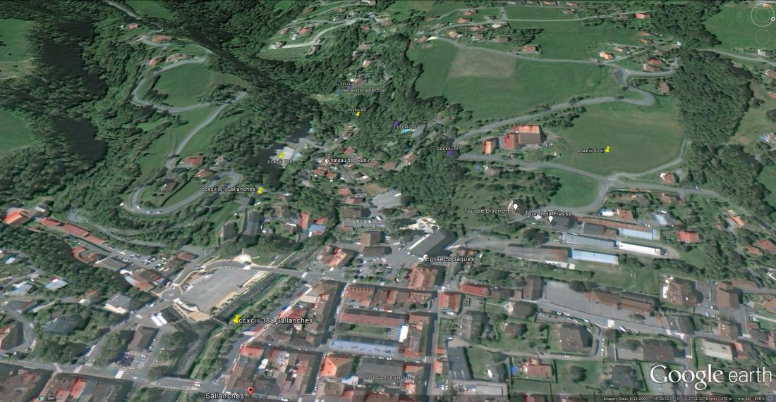 Google Earth image of Turner’s 1836 viewpoints around the Gorges de Levaud at Sallanches Click on image to enlarge 