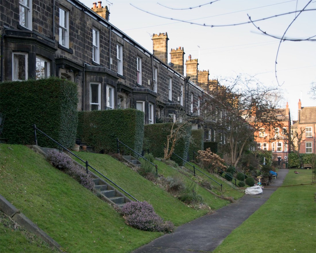 Woodbine Terrace Photograph by David Hill, taken 10 February 2015, 16.40 Grimshaw shows this clearly running at right angles to most of the other terraces. The first phase was built 1867-70 by John Wood, a local builder, so work must have been continuing at the time Grimshaw made his watercolour in 1868. For English Heritage listing see: http://www.britishlistedbuildings.co.uk/en-488218-1-14-woodbine-terrace-off-grove-lane- Rather nicely, and perhaps not altogether co-incidentally Grimshaw’s daughter, Elaine, came to live at 11 Woodbine Terrace. The photographic archive Leodis has images of Elaine and her family in the garden. Cf http://www.leodis.org/searchResults.aspx?LOCID=9999&DECADE=0&YEAR=&KEYWORDS=John%20Atkinson%20Grimshaw&KEYWORDS2=&KEYWORDS3=&ANDOR2=&ANDOR3=&RECSPAGE=5&VIEW=1&CURRPAGE=1 Click on image to enlarge.