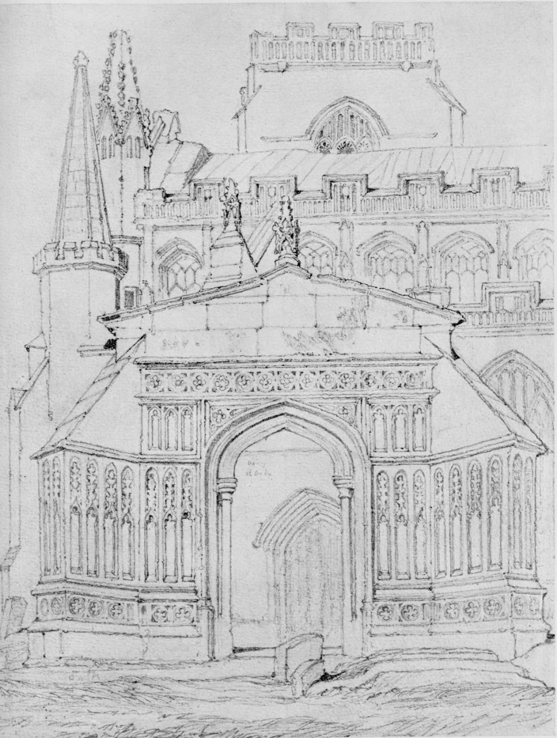 ?After John Sell Cotman (1782 – 1842) Terrington St Clement’s Church, Norfolk, c.1812-17 Graphite on paper, 336 x 254 mm Untraced Image scanned from Walker’s Gallery catalogue, 1926 This drawing is too mechanical to be by Cotman. It might well have been traced from the etching, since the images are exactly the same size. It would be interesting to check the registration.. 