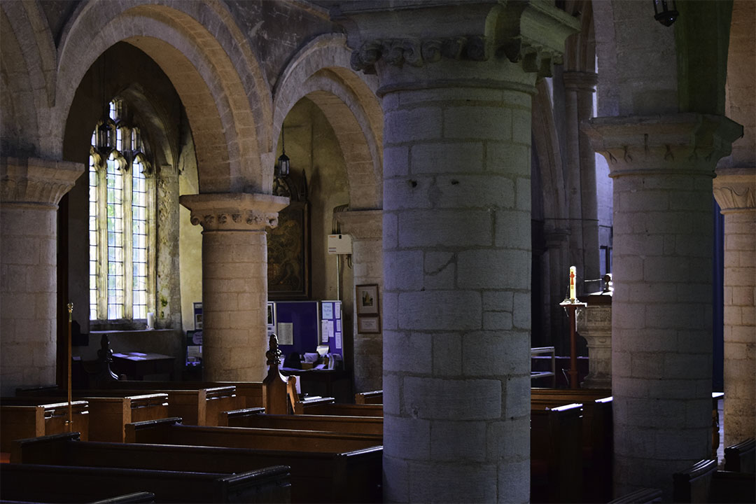 Interior of Tilney All Saints, Norfolk Photograph by David Hill taken 15 August 2015, 17.17 GMT From the north aisle. Note the reproduction of Cotman’s watercolour hanging on the far centre column. 