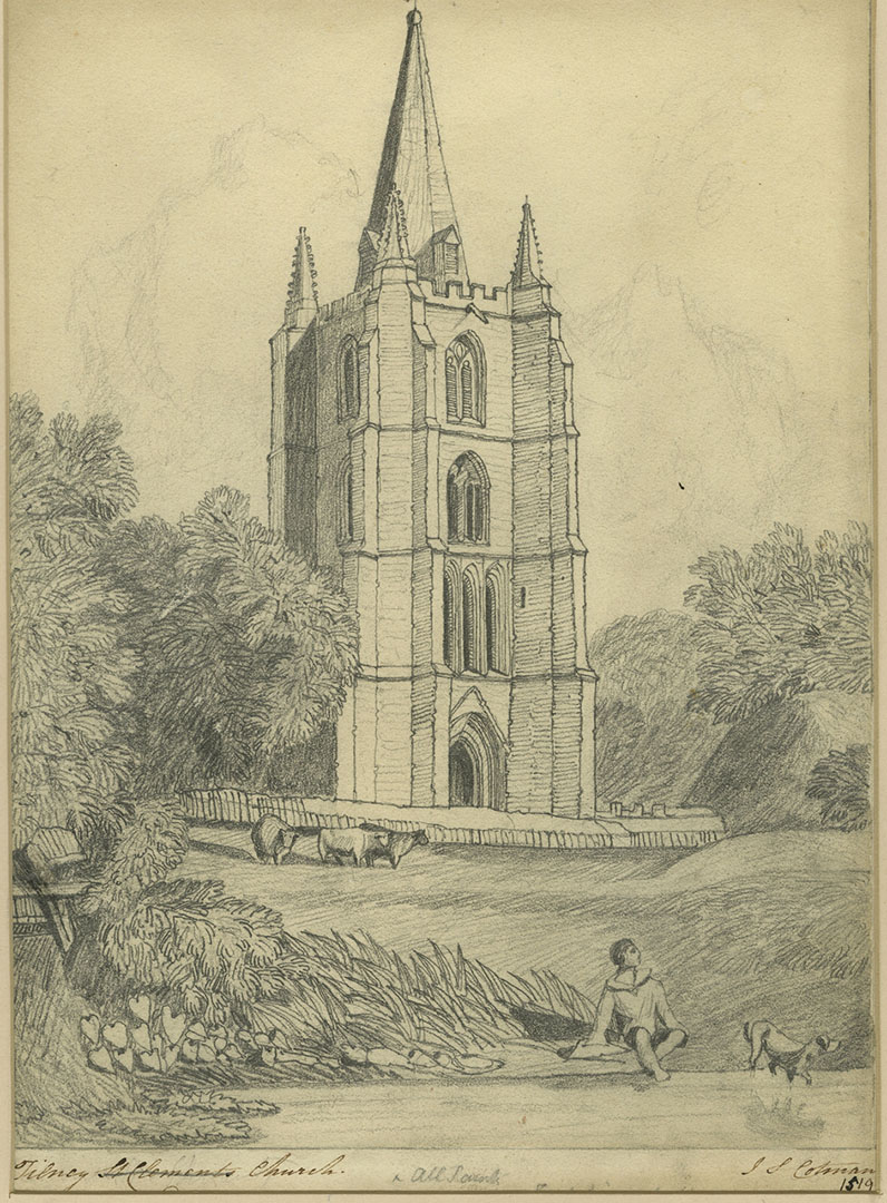 After John Sell Cotman (1782 – 1842) Tower of Tilney All Saints Church, Norfolk, c.1813-17 Graphite on paper, 292 x 211 mm Norwich Castle Museum, NWHCM : 1966.749.24 : F Image courtesy of Norwich Museums Collections To view this work in Norfolk Museums Collections’ own online catalogue click on the following link then use your browser’s ‘back’ button to return to this page: http://www.norfolkmuseumscollections.org/collections/objects/476261585.html/#!/?q=cotman%2Btilney This drawing is too mechanical to be by Cotman. It was probably copied (or traced) from the watercolour by an assistant preparatory to Cotman making an etching from it. 