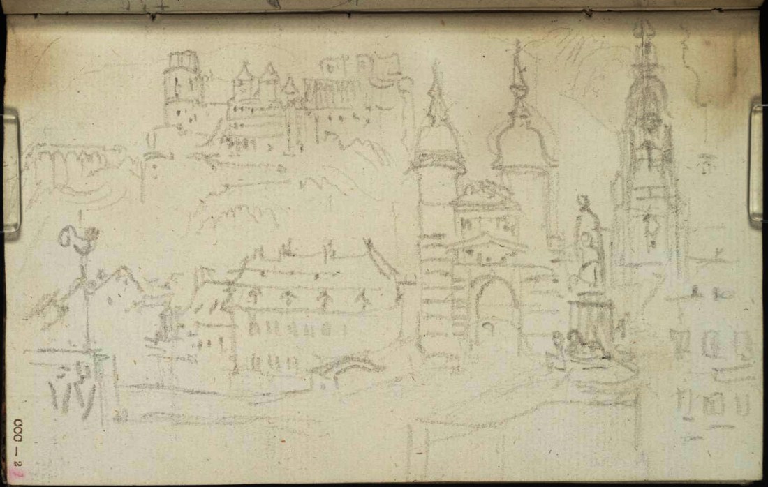 J M W Turner Heidelberg: The Castle, Bridge and Heiliggeistkirche from across the Neckar, 1833 From the Salzburg and Danube sketchbook, Tate, London, D30132; Turner Bequest CCC 2 This appears to be Turner’s first sketch at Heidelberg. It is natural enough to spend one’s first evening strolling across the bridge to take in the view of the town and castle. Photo courtesy of Tate To view this image in Tate’s own catalogue of the Turner bequest, click on the following link, and use your browser’s ‘back’ button to return to this page. http://www.tate.org.uk/art/artworks/turner-heidelberg-the-castle-bridge-and-heiliggeistkirche-from-across-the-neckar-d30132 