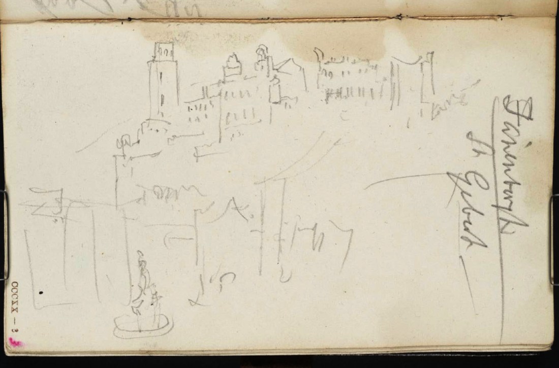 J M W Turner Heidelberg Castle and the Cornmarket from Turner’s Room in the Prinz Carl Hotel From the Rotterdam to Venice sketchbook, Tate, London, D32267, Turner Bequest CCCXX 3 as ‘Fountain, with Buildings on Hill - Faninbergh. St Gebert [Turner]’ Photo courtesy of Tate To view this image in Tate’s own catalogue of the Turner bequest, click on the following link, and use your browser’s ‘back’ button to return to this page. http://www.tate.org.uk/art/artworks/turner-fountain-with-buildings-on-hill-faninbergh-st-gebert-turner-d32267 