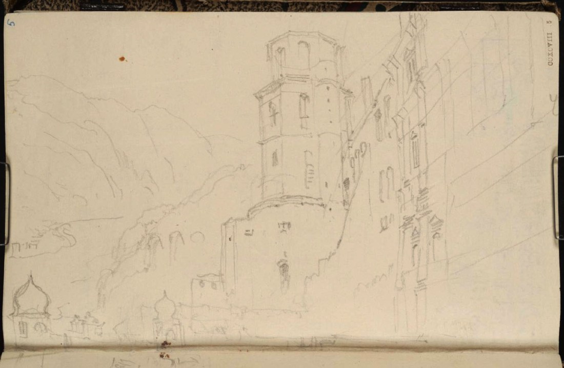 The North Terrace of Heidelberg Castle, looking east, 1833 From the Heidelberg up to Salzburg sketchbook, Tate, London, D29822; Turner Bequest CCXCVIII 5 as ‘Heidelberg: The Castle and the View up the Neckar from the Altan’ Photo courtesy of Tate To view this image in Tate’s own catalogue of the Turner bequest, click on the following link, and use your browser’s ‘back’ button to return to this page. http://www.tate.org.uk/art/artworks/turner-heidelberg-the-castle-and-the-view-up-the-neckar-from-the-altan-d29822 