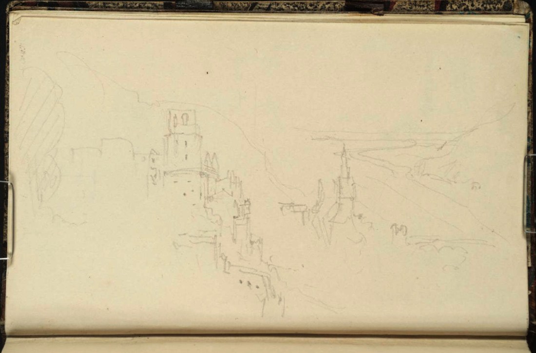 J M W Turner Heidelberg Castle from above and beyond the north end of the Garden Terrace, 1833 From the Heidelberg up to Salzburg sketchbook, Tate, London, D29829; Turner Bequest CCXCVIII 8a as ‘Heidelberg: The Castle and Town from the East’ Photo courtesy of Tate To view this image in Tate’s own catalogue of the Turner bequest, click on the following link, and use your browser’s ‘back’ button to return to this page.  http://www.tate.org.uk/art/artworks/turner-heidelberg-the-castle-and-town-from-the-east-d29829  