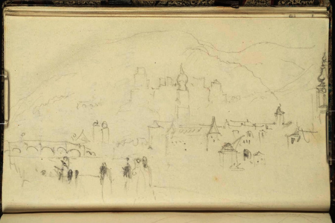 J M W Turner Heidelberg Bridge, Castle from downstream, opposite the armoury, 1833 From the Heidelberg up to Salzburg sketchbook, Tate, London, D29843; Turner Bequest CCXCVIII 15a as ‘Heidelberg: The Castle and Town from the Neuenheim Shore’ The church spire at the extreme right is that of the Providenzkirche, brought in a little way from the right. Photo courtesy of Tate To view this image in Tate’s own catalogue of the Turner bequest, click on the following link, and use your browser’s ‘back’ button to return to this page.  http://www.tate.org.uk/art/artworks/turner-heidelberg-the-castle-and-town-from-the-neuenheim-shore-d29843  